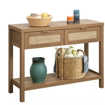 Omni House Rattan Console Table with 2 Drawers and Open Storage Shelf,Wood Sofa Table Entryway Table Hallway Table for Living Room,Entrance,Kitchen