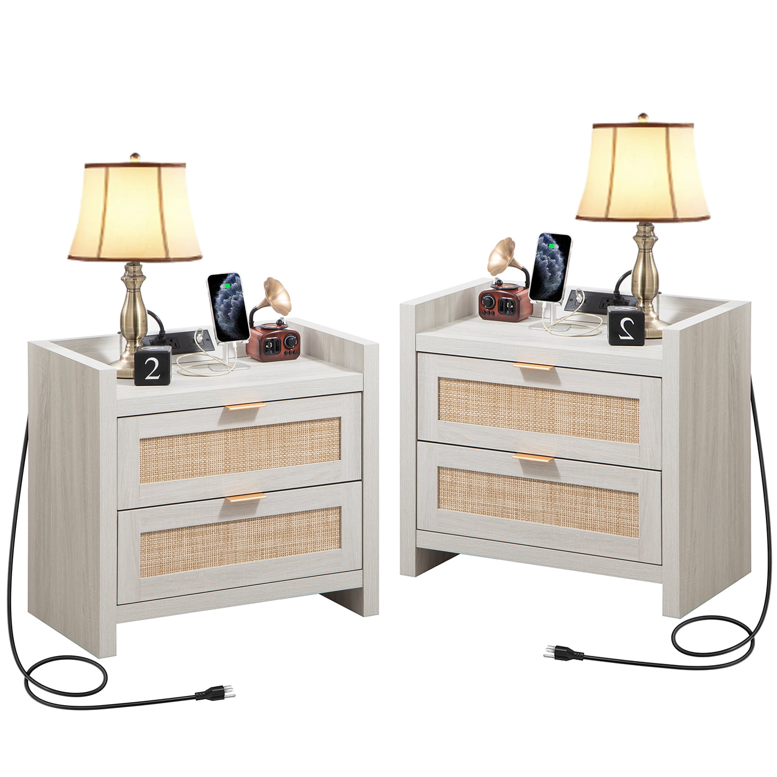 Omni House Rattan Nightstand Set of 2 Bedside Table with USB TypeC
