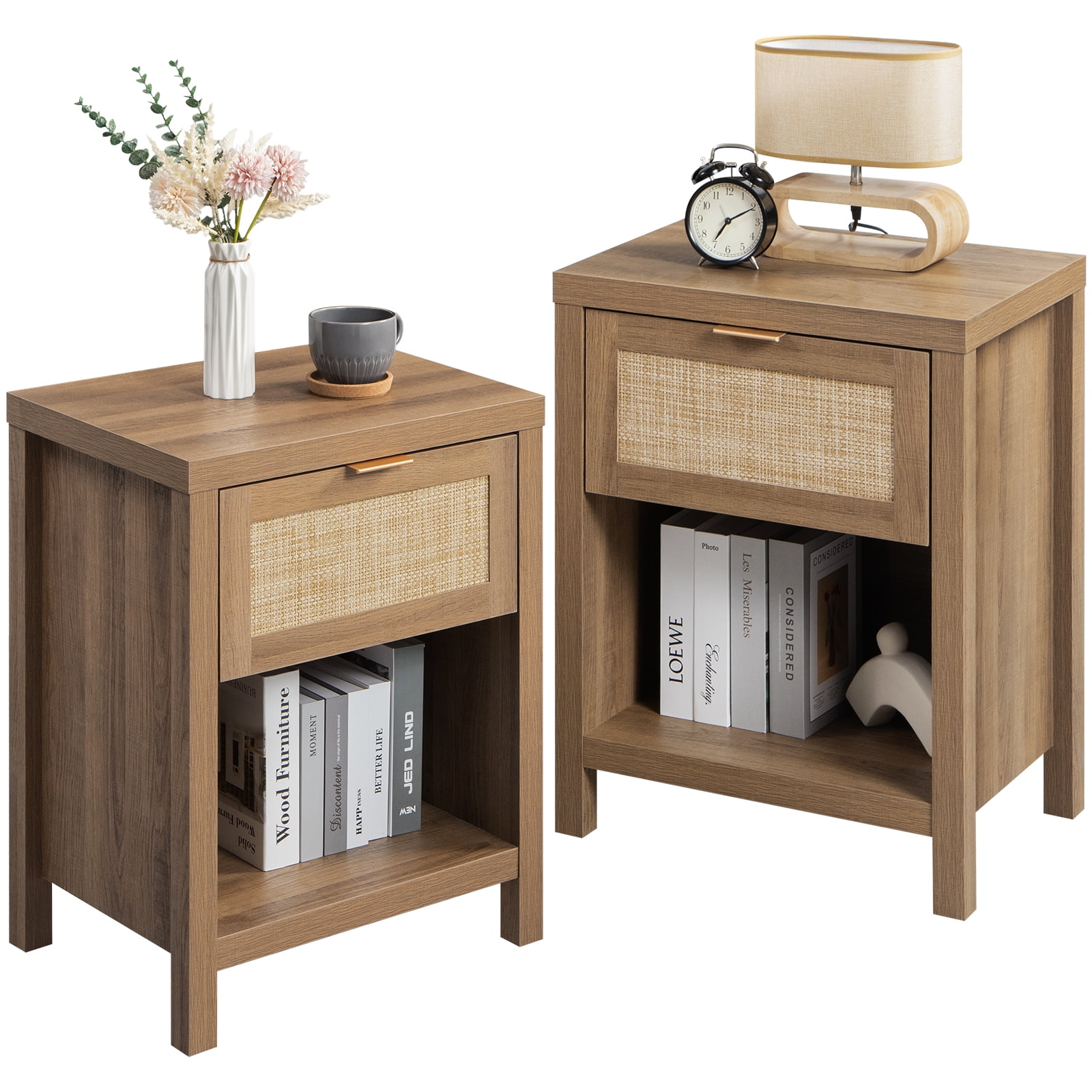 Omni House Rattan Nightstand Set of 2,Farmhouse Bedside Table with