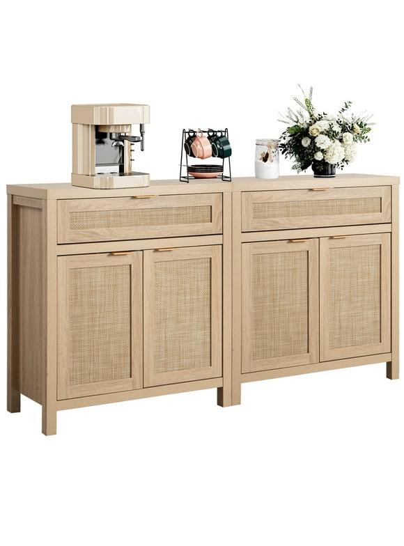 Omni House Sidebaord Buffet Cabinet Set of 2,Rattan Storage Cabinets with Drawer & Doors,Sidebaord Cabinet Credenza Accent Cabinets for Dining Room, Living Room
