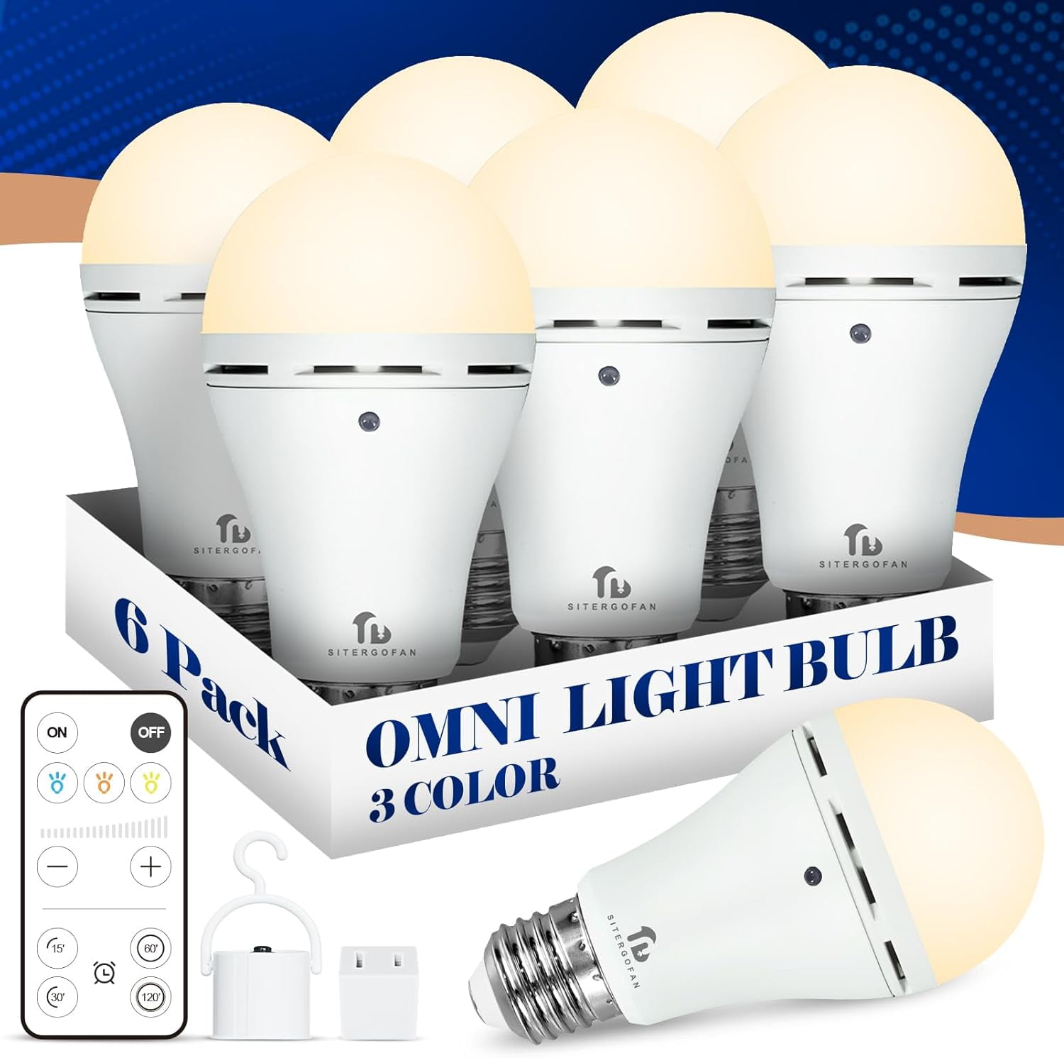 Sitergofan 6 Pack,9W Emergency Rechargeable Light Bulbs With Remote, Dimmable and Timer Setting