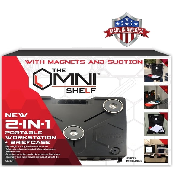 The Omni Shelf - Magnets and Suction Cups - Magnetic Toolbox Utility Shelf - 40 lb. Capacity- Hands Free Portable Workstation - Ideal for Numerous Occupations