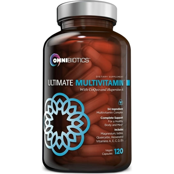 OmniBiotics Ultimate Daily Multivitamin for Women & Men  34 Essential Ingredients Including Vitamin A, C, D, E, B6, B12, Biotin, Zinc  120 Vegan Capsules
