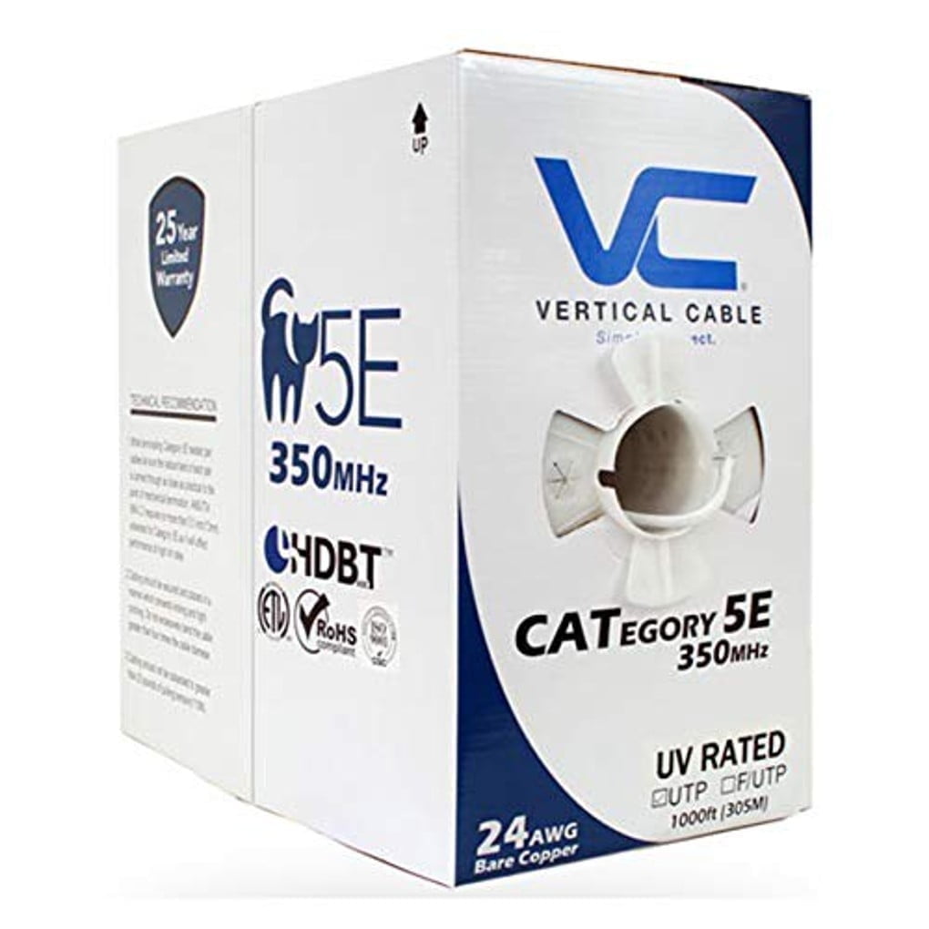Vertical Cable Cat5e, 350 Mhz, UTP, UV Jacket, Outdoor, CMX, 1000ft, Bulk Ethernet Cable, White