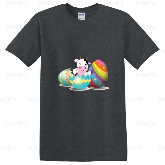 OmniFit21 Cow Easter Egg Kids Funny Farm Animal Holiday Celebration Painting Craft Design T-Shirt, for Unisex, up to size 5XL.