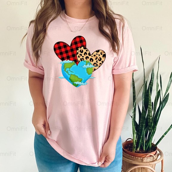 OmniFit21 Cute Earth Day Heart Leaves Environmental Awareness Love Nature Plant Care Style T-Shirt, for Unisex, up to size 5XL.