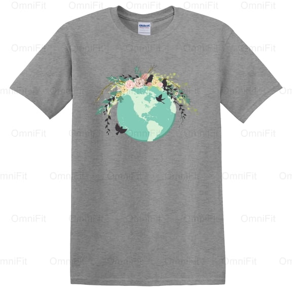 OmniFit22 Earth Day Flower Globe Environmental Awareness Nature Lover Planet Floral Design T-Shirt, for Unisex, up to size 5XL.