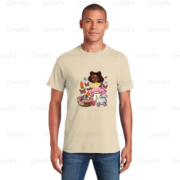 OmniFit23 Easter Afro Girl Black Woman Holiday Celebration Natural Hair Pride Graphic Style T-Shirt, for Unisex, up to size 5XL.