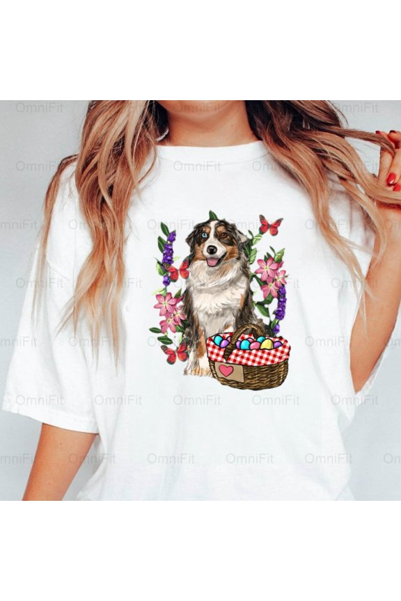 Easter Aussie Australian Shepherd Dog Lover Holiday Pet Owner Celebration Style T-Shirt, for Unisex, up to size 5XL.