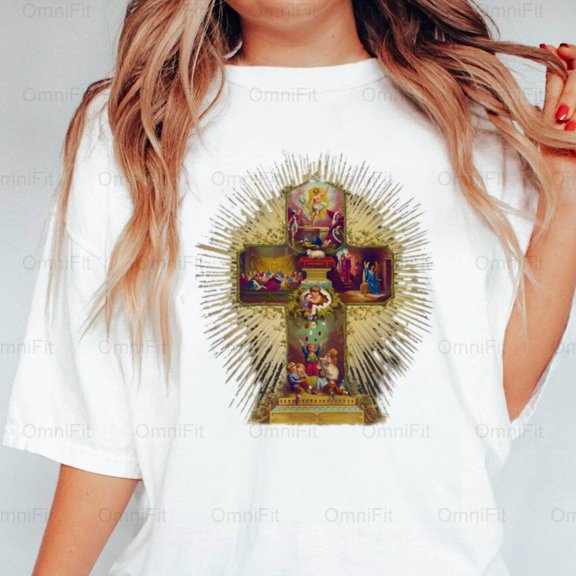 OmniFit23 Easter Cross Story Of Jesus Religious Holiday Celebration Christian Faith Symbol T-Shirt, for Unisex, up to size 5XL.