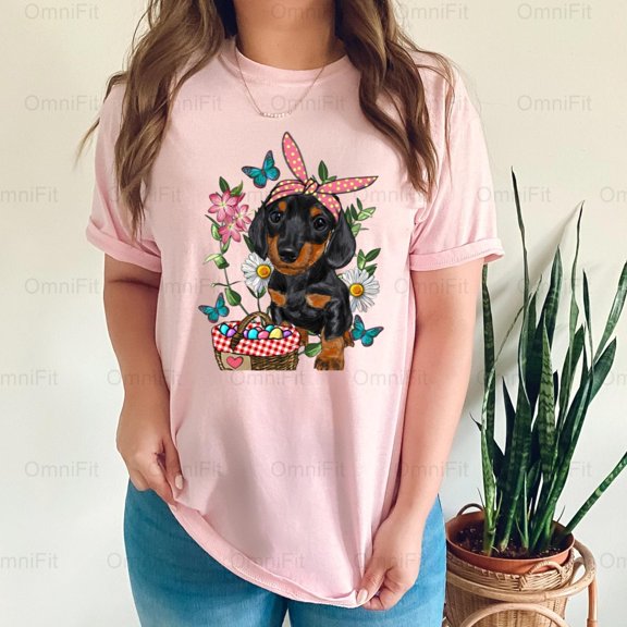 OmniFit23 Easter Dachshund Dog Lover Holiday Celebration Wiener Pet Owner Sausage Graphic T-Shirt, for Unisex, up to size 5XL.