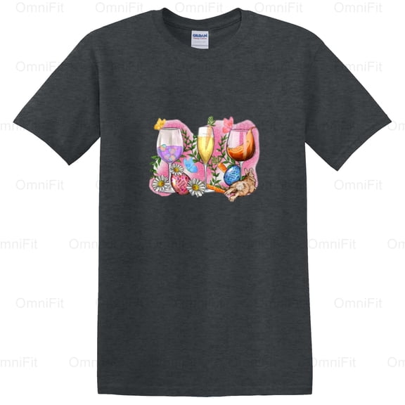 OmniFit24 Easter Wine Glasses Holiday Celebration Spring Festive Drink Beverage Stemware Style T-Shirt, for Unisex, up to size 5XL.