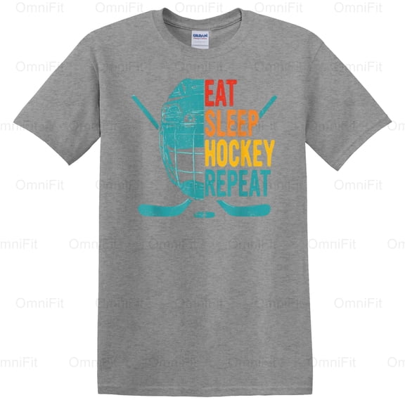 OmniFit24 Eat Sleep Hockey Repeat Quote Graphic, Funny Ice Hockey Player Lifestyle Design T-Shirt, for Unisex, up to size 5XL.