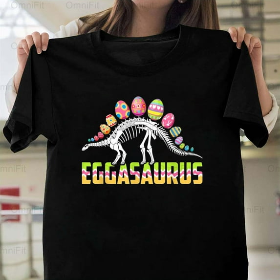 OmniFit24 Eggasaurus Shirt Easter Dinosaur Funny Holiday Celebration Prehistoric Pun Humor T-Shirt, for Unisex, up to size 5XL.
