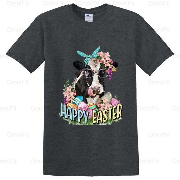 OmniFit25 Happy Easter Cow Farm Animal Holiday Celebration Spring Bovine Cute Graphic Style T-Shirt, for Unisex, up to size 5XL.