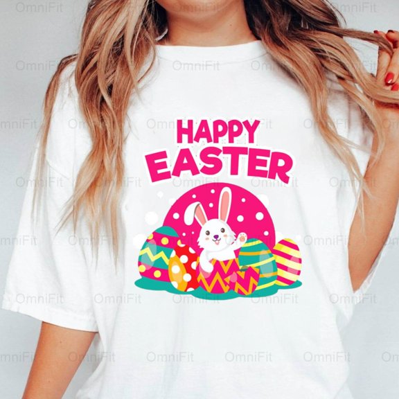 OmniFit25 Happy Easter For Women Look Holiday Celebration Spring Festive Female Adult Style T-Shirt, for Unisex, up to size 5XL.