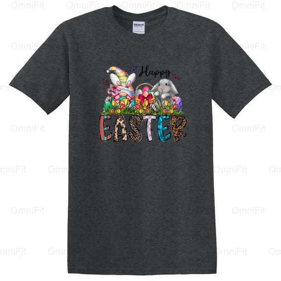 OmniFit25 Happy Easter Gnome Mythical Creature Holiday Celebration Spring Garden Folklore T-Shirt, for Unisex, up to size 5XL.