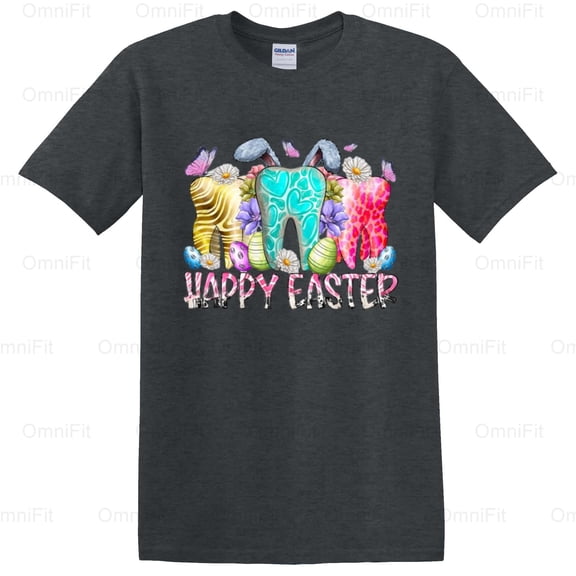 OmniFit25 Happy Easter Tooth Dental Dentist Holiday Celebration Teeth Care Profession Symbol T-Shirt, for Unisex, up to size 5XL.