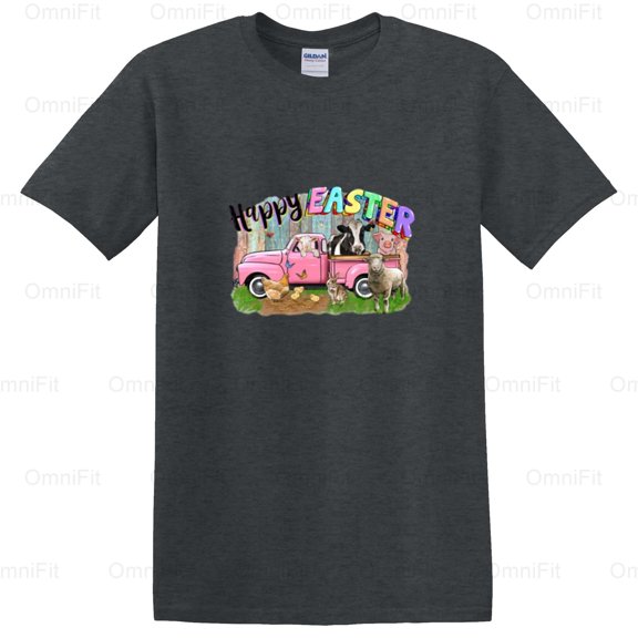 OmniFit25 Happy Easter Truck With Eggs Holiday Celebration Spring Festive Delivery Vehicle T-Shirt, for Unisex, up to size 5XL.