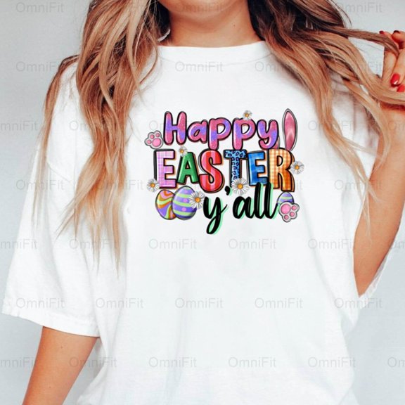 OmniFit25 Happy Easter Y'all Southern Greeting Holiday Celebration Spring Festive Message Text T-Shirt, for Unisex, up to size 5XL.