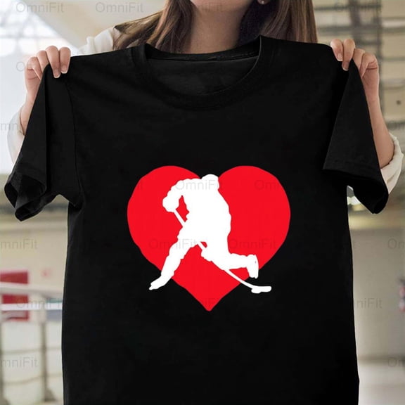 OmniFit26 Hockey Valentine's Day Lover Gift Graphic, Romantic Sport Fan, Player Heart Design T-Shirt, for Unisex, up to size 5XL.