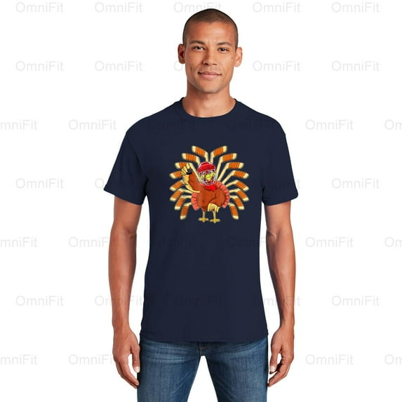 OmniFit26 Ice Hockey Thanksgiving Turkey Playing Graphic, Holiday Sport Lover Fan Design T-Shirt, for Unisex, up to size 5XL.