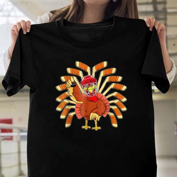 OmniFit26 Ice Hockey Thanksgiving Turkey Playing Graphic, Holiday Sport Lover Fan Design T-Shirt, for Unisex, up to size 5XL.