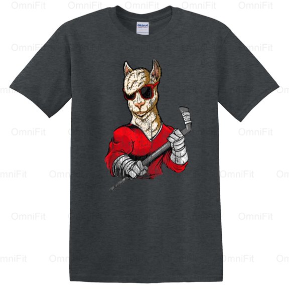 OmniFit26 Llama Playing Hockey Graphic Design, Funny Animal Sport Humor, Alpaca Fan Art T-Shirt, for Unisex, up to size 5XL.