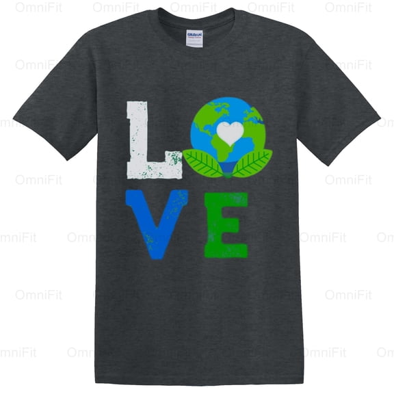 OmniFit26 Love The Earth Nature Lover Environmental Awareness Planet Heart Outdoors Graphic T-Shirt, for Unisex, up to size 5XL.