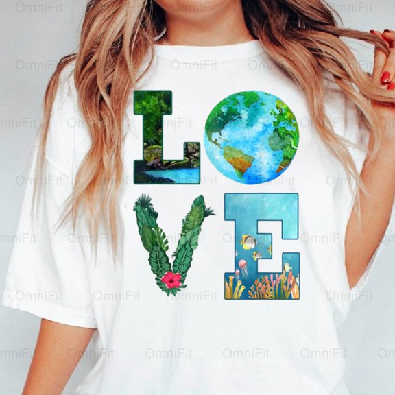 OmniFit26 Love World Earth Day Planet Environmental Awareness Global Heart Celebration Style T-Shirt, for Unisex, up to size 5XL.
