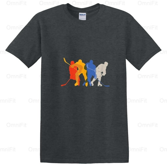 OmniFit27 Multi Color Hockey Players Graphic Design, Vibrant Rink Action Fan Art Apparel T-Shirt, for Unisex, up to size 5XL.