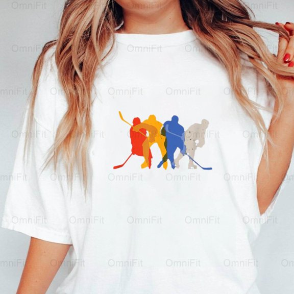 OmniFit27 Multi Color Hockey Players Graphic Design, Vibrant Rink Action Fan Art Apparel T-Shirt, for Unisex, up to size 5XL.