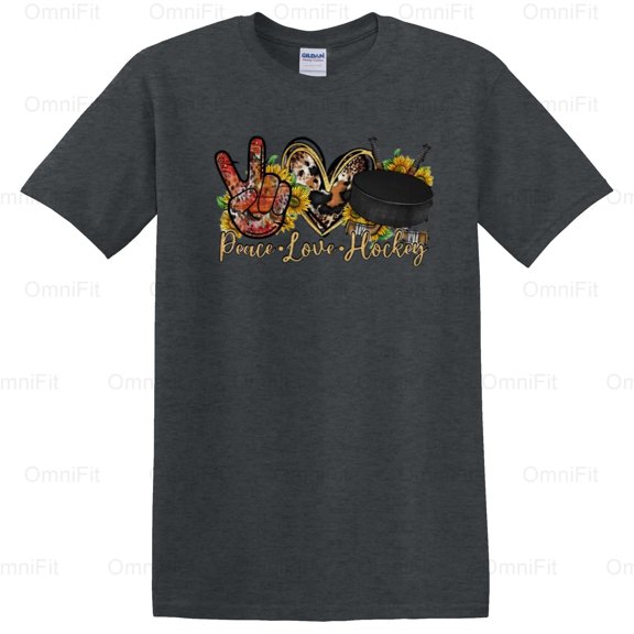 OmniFit27 Peace Love Hockey Symbol Graphic, Rink Enthusiast, Game Day Passion Apparel T-Shirt, for Unisex, up to size 5XL.