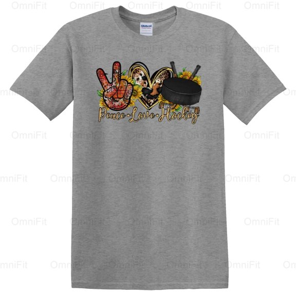 OmniFit27 Peace Love Hockey Symbol Graphic, Rink Enthusiast, Game Day Passion Apparel T-Shirt, for Unisex, up to size 5XL.