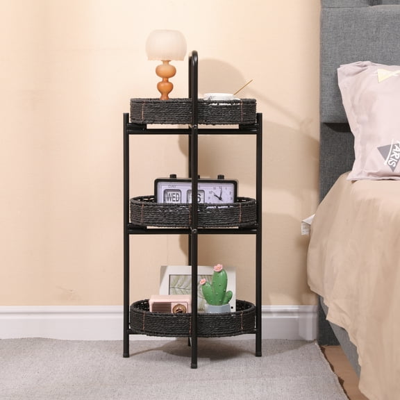 OmniHaven Modern 3-Tier Handwoven Side Table with Oval Organizer in Black Metal and Paper Rope