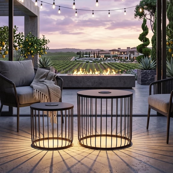Omniberg Solar Nesting Tables with Built-in Light Set of 2, Modern Round End Table with Coated Steel Frame, All-Weather Metal Wire Cage Bistro Side Tables for Patio, Porch, Garden, Indoor