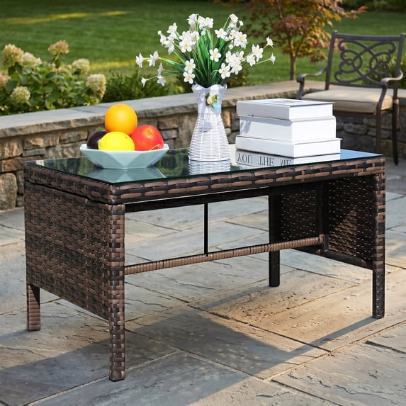 Omniberg 32 Inch Outdoor Wicker Coffee Side Table, Rectangular Patio Bistro Table Bar Dining Table with Tempered Glass Top for Garden Yard Porch