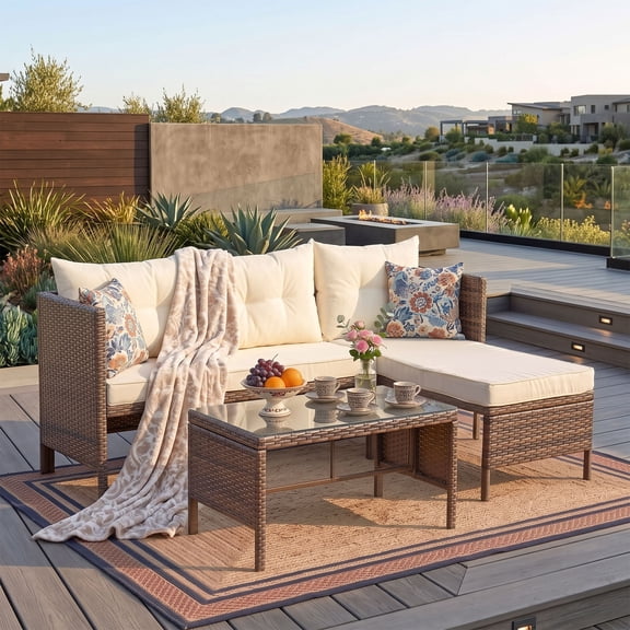 OMNIBERG 5 Pieces Patio Furniture Sets, All Weather PE Rattan Patio Conversation Set Outdoor Sectional Set Patio Loveseat Sofa with Cushions, Lumbar Pillows and Tempered Glass Table