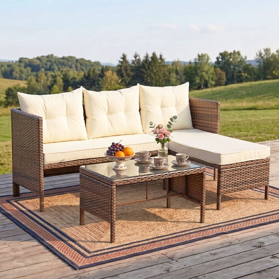 OMNIBERG 5 Pieces Patio Furniture Sets All Weather Outdoor Sectional Patio Sofa Manual Weaving Wicker Rattan Patio Seating Sofas with Cushion and Glass Table