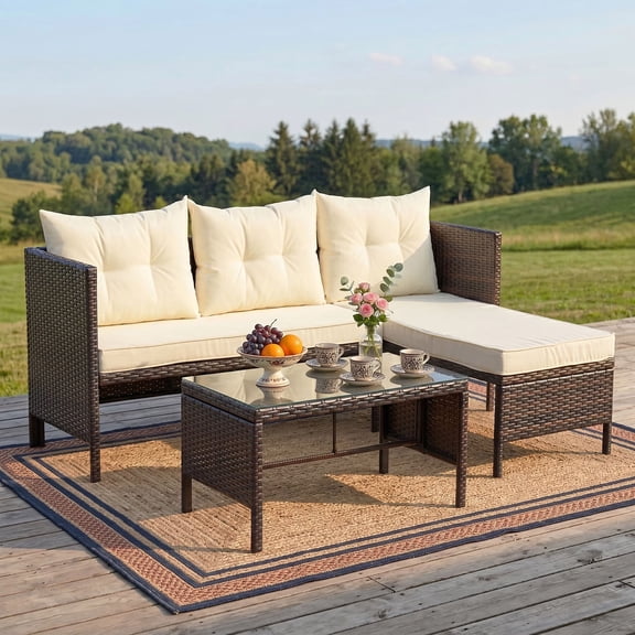 OMNIBERG 5 Pieces Patio Furniture Sets All Weather Outdoor Sectional Patio Sofa Manual Weaving Wicker Rattan Patio Seating Sofas with Cushion and Glass Table