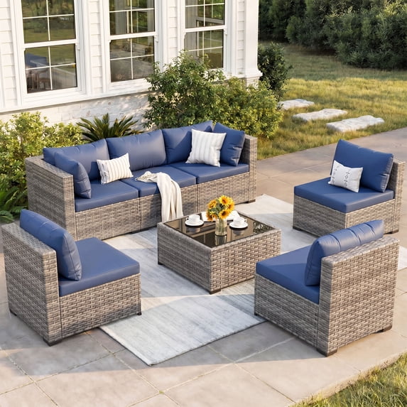 Omniberg 7 Pieces Outdoor Patio Furniture Sets, All Weather Outdoor Sectional Sofa PE Rattan Wicker Patio Conversation Set with Washable Cushions and Glass Coffee Table, Gray/Blue