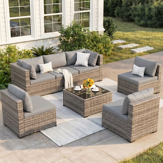 Omniberg 7 Pieces Outdoor Patio Furniture Sets, All Weather Outdoor Sectional Sofa PE Rattan Wicker Patio Conversation Set with Washable Cushions and Glass Coffee Table, Gray/Gray