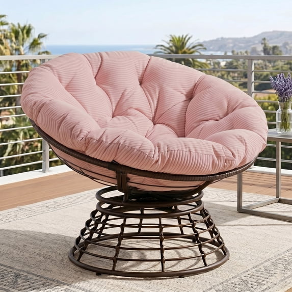 OMNIBERG Ergonomic 360° Swivel Wicker Papasan Chair, Oversized Indoor Outdoor Rattan Egg Sofa Chair Lounger with Soft Thick Cushion for Living Room, Bedroom, Patio, Yard, Pink