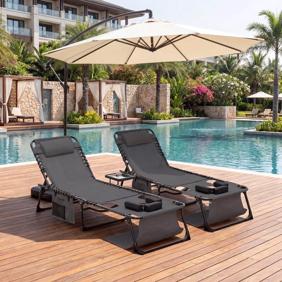 Omniberg Folding Chaise Lounge Chair Set of 2, 5-Position Adjustable Outdoor Lounge Chair with Face Hole and Side Pocket, Portable Reclining Tanning Beach Chair for Pool Sunbathing Patio, Black