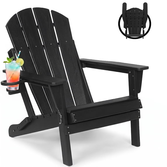 OMNIBERG HDPE Folding Adirondack Chairs, All Weather Outdoor Patio Chairs with Cup Holder, Fire Pit Chairs with Natrual Wood Grain and Wide Backrest for Poolside Backyard Lawn, Black