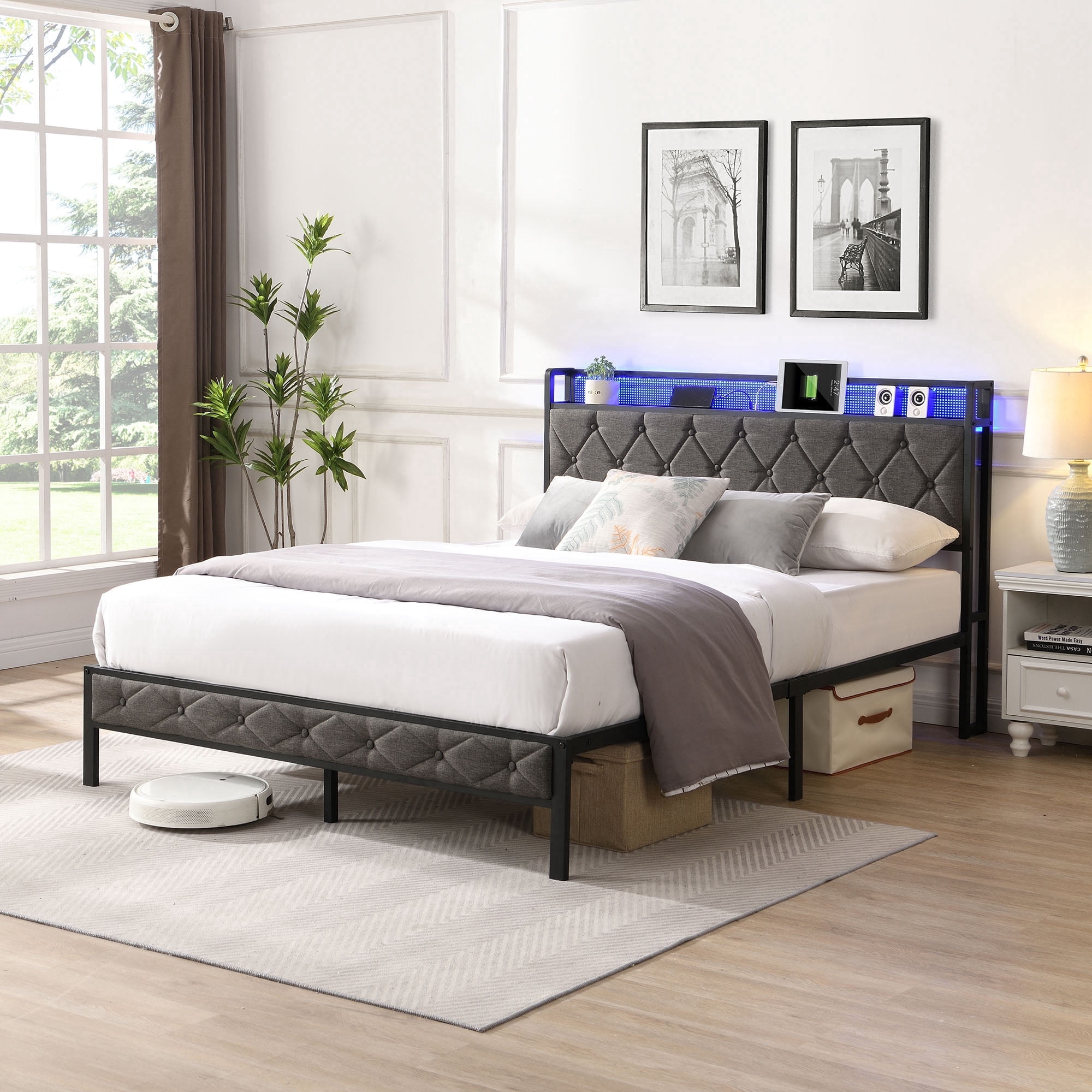 Omniberg Full Bed Frame with LED Lights, Storage Headboard & Charging Station – Upholstered, Heavy Metal Slats, No Box Spring, Noise-Free, Easy Assembly