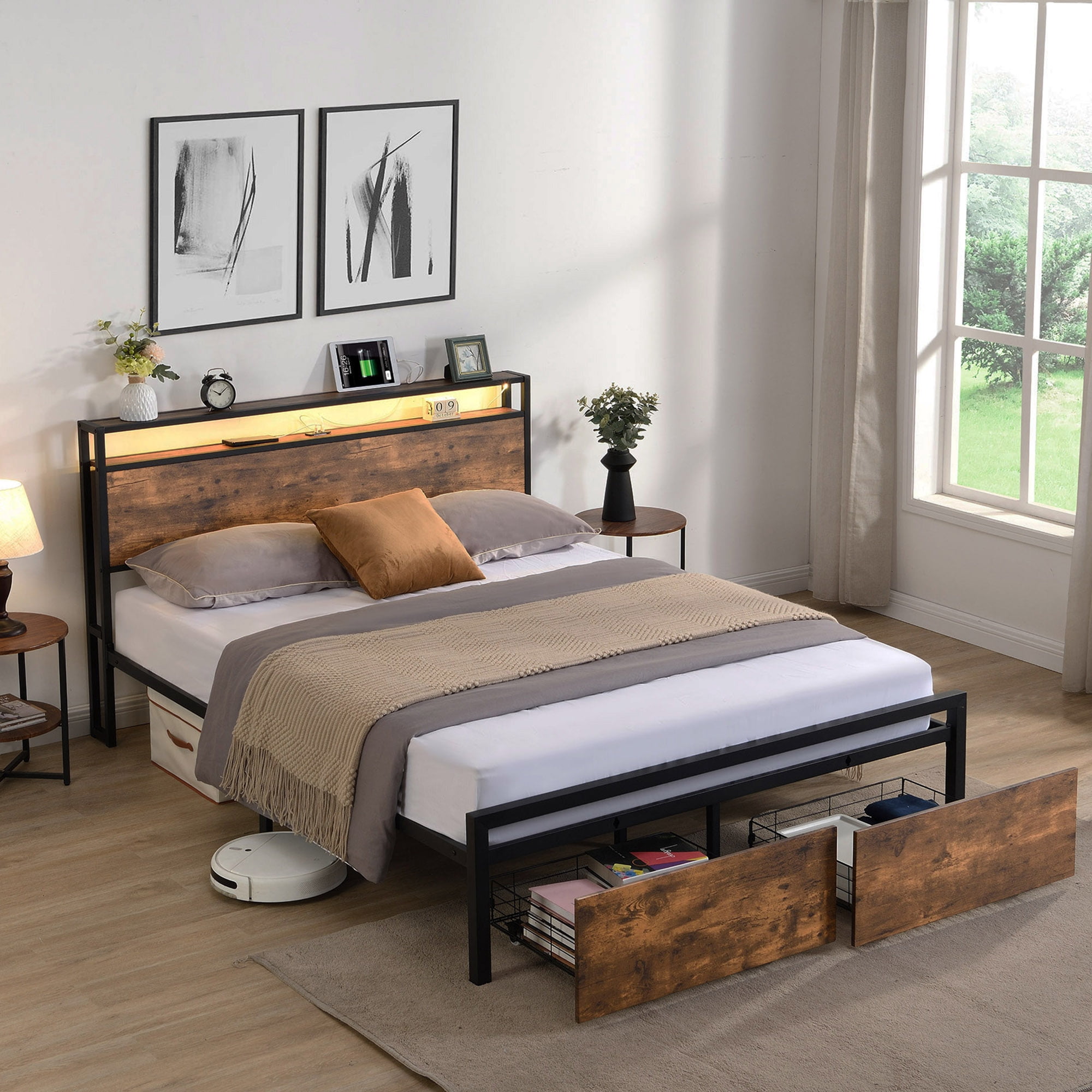 Omniberg Full Size Bed Frame with LED Lights Storage Headboard, Footboard & Charging Station, Noise-Free Haevy Duty Metal Platform Bed with 2 Storage Drawers, Easy Assembly, No Box Spring Needed
