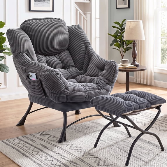 OMNIBERG Lazy Chair with Folding Ottoman, Oversized Comfy Lounge Chair with Armrests and Side Pocket for Reading, Relaxing, and Napping, Perfect for Living Room, Bedroom or Office, Gray