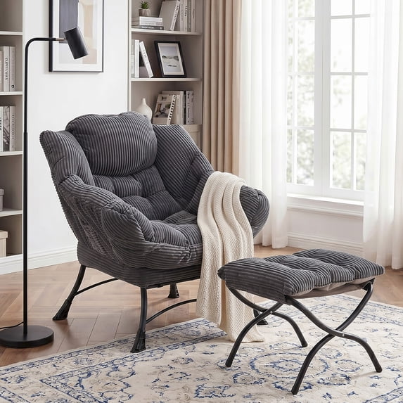 OMNIBERG Lazy Chair with Folding Ottoman, Oversized Comfy Lounge Chair with Armrests and Side Pocket for Reading, Relaxing, and Napping, Perfect for Living Room, Bedroom or Office, Gray