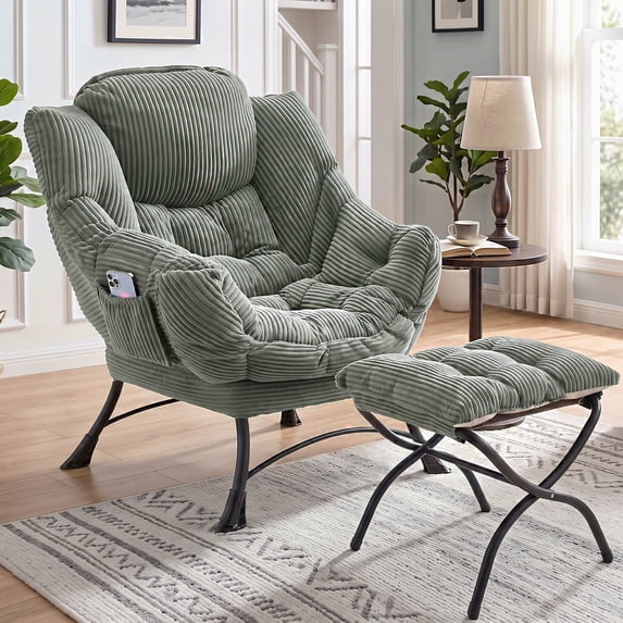 OMNIBERG Lazy Chair with Folding Ottoman, Oversized Comfy Lounge Chair with Armrests and Side Pocket for Reading, Relaxing, and Napping, Perfect for Living Room, Bedroom or Office, Green